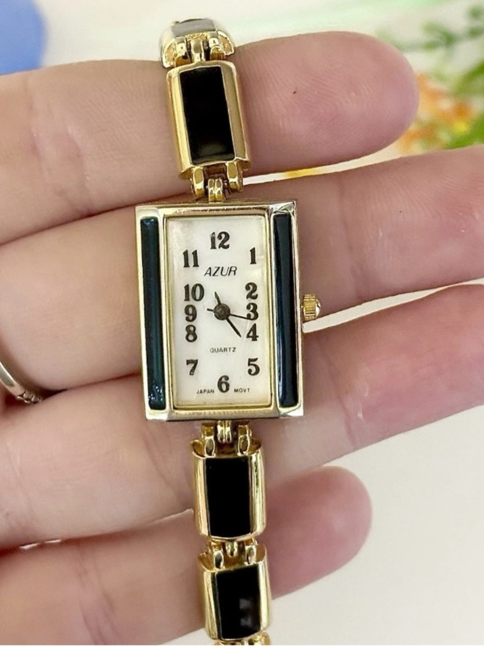Vintage Ladies Azur Black Enamel & Gold Rectangular Tank Watch-Retro Watch WORKS